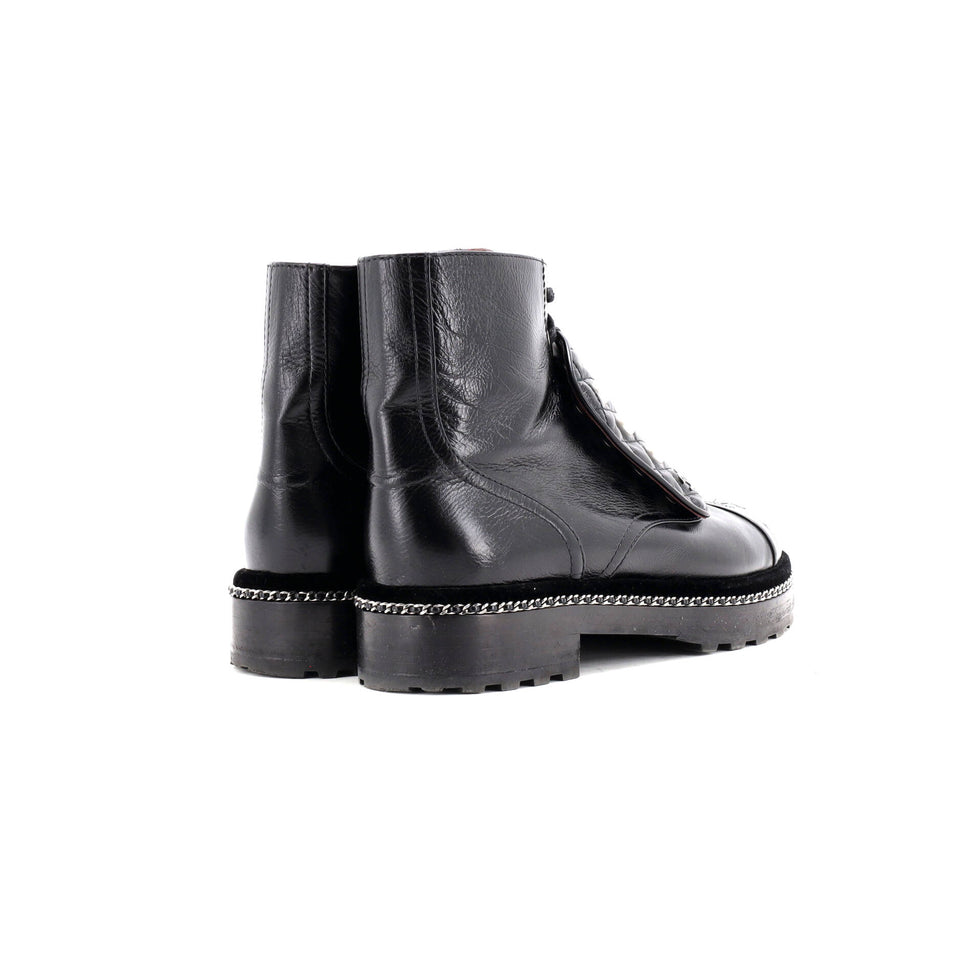 Women's Cap Toe CC Chain Around Pearl Combat Boots Leather