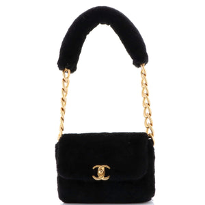 CC Bar Chain Handle Flap Bag Quilted Shearling Small
