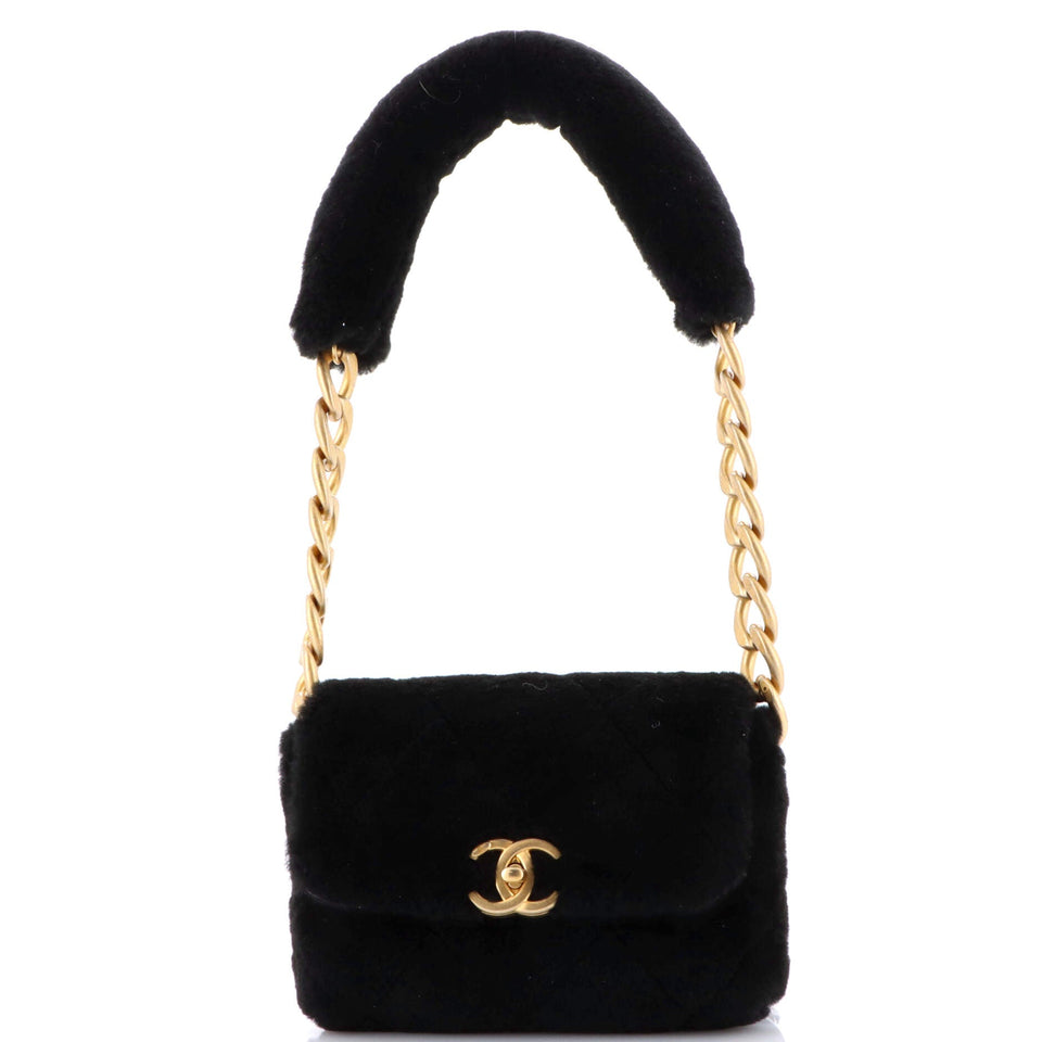CC Bar Chain Handle Flap Bag Quilted Shearling Small