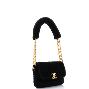 CC Bar Chain Handle Flap Bag Quilted Shearling Small