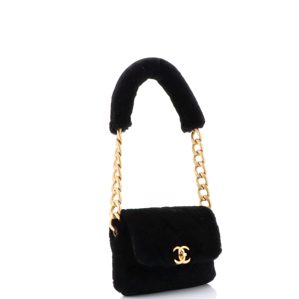 CC Bar Chain Handle Flap Bag Quilted Shearling Small