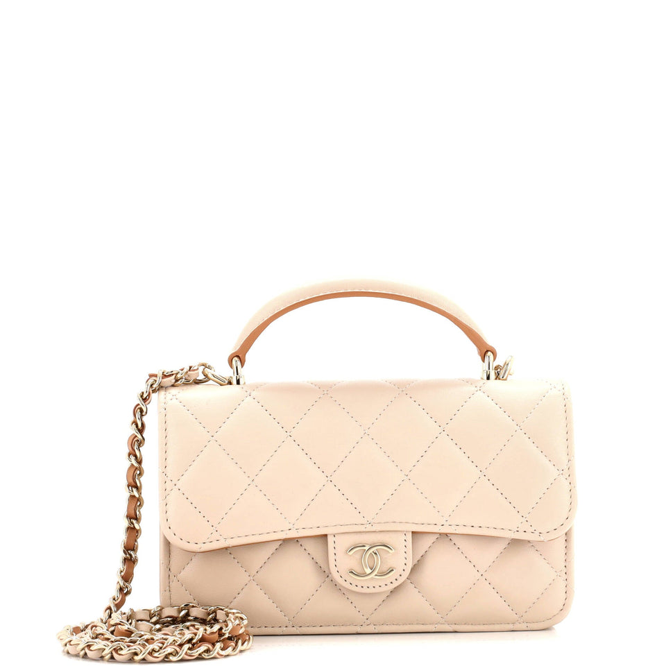 Classic Top Handle Flap Phone Holder with Chain Quilted Lambskin