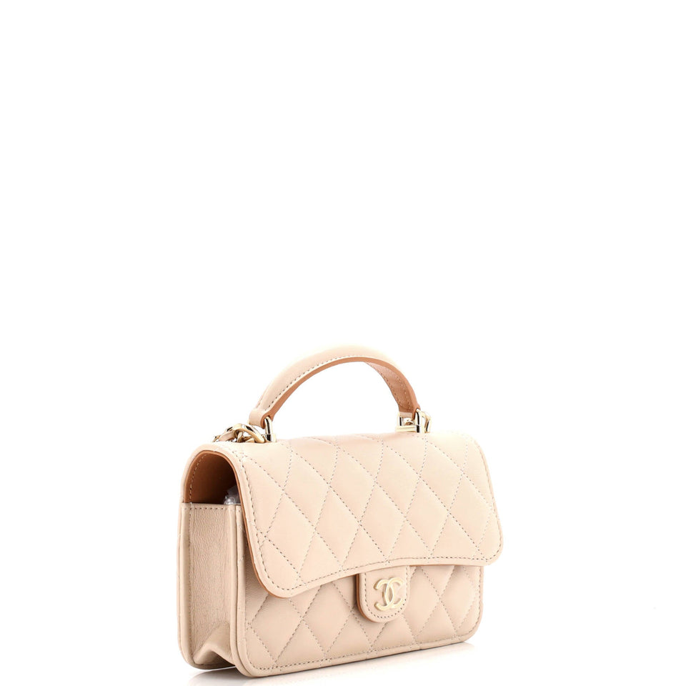 Classic Top Handle Flap Phone Holder with Chain Quilted Lambskin