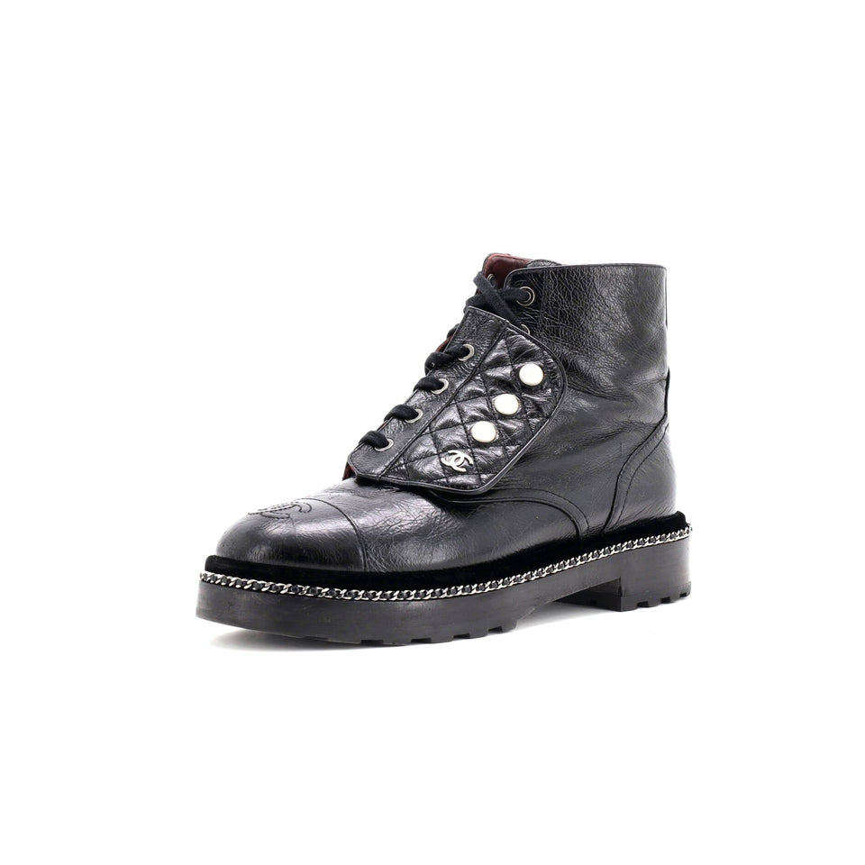 Women's Cap Toe CC Chain Around Pearl Combat Boots Leather