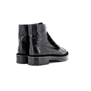 Women's Cap Toe CC Chain Around Pearl Combat Boots Leather