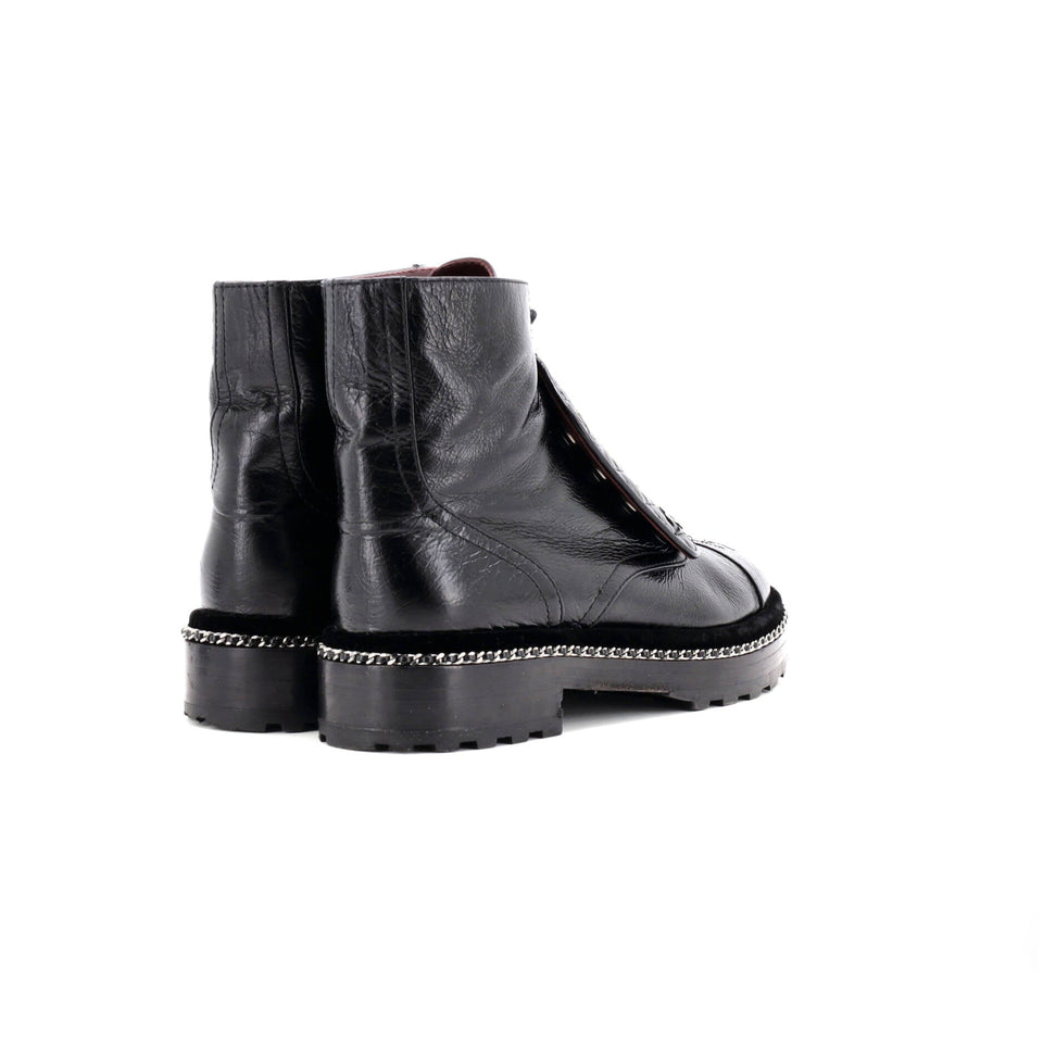 Women's Cap Toe CC Chain Around Pearl Combat Boots Leather