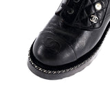 Women's Cap Toe CC Chain Around Pearl Combat Boots Leather