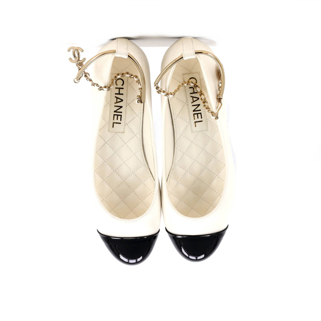 Women's Cap Toe Ankle Chain Ballerina Flats Leather