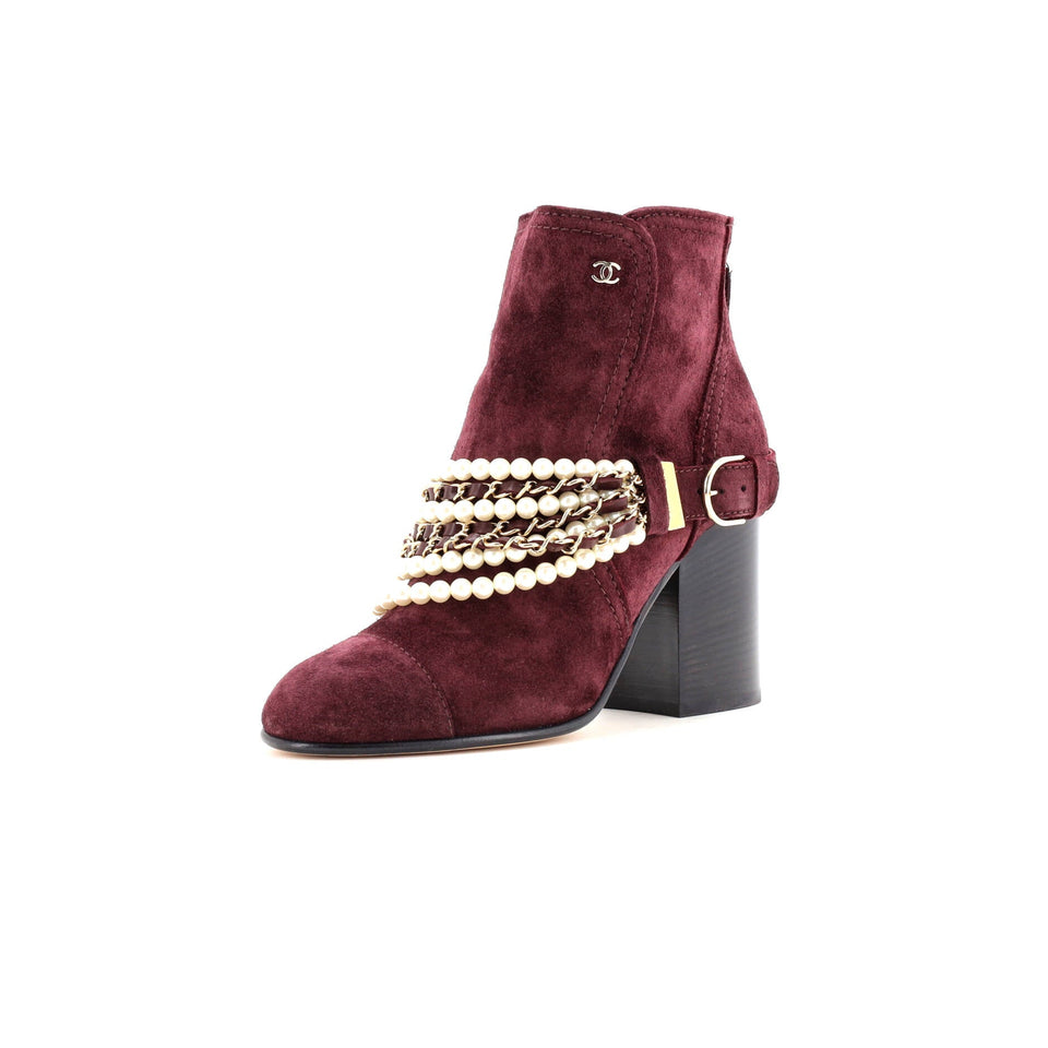 Women's Pearl Chain Strap Ankle Boots Suede