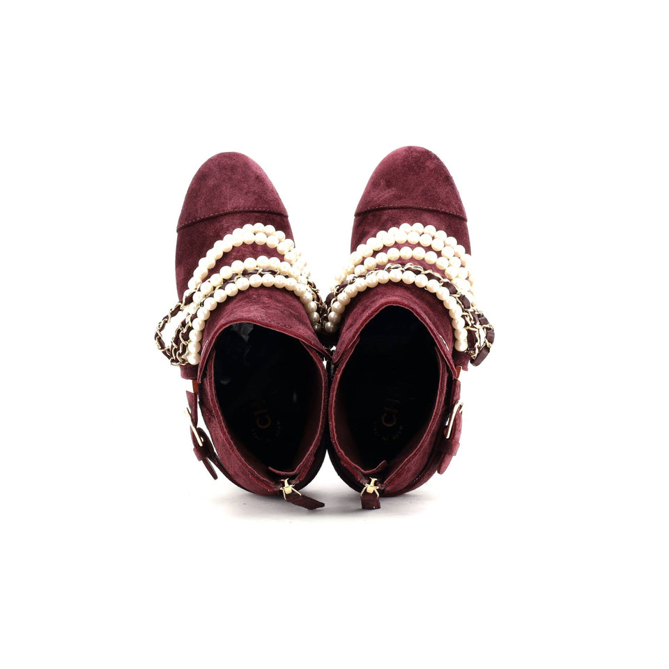 Women's Pearl Chain Strap Ankle Boots Suede