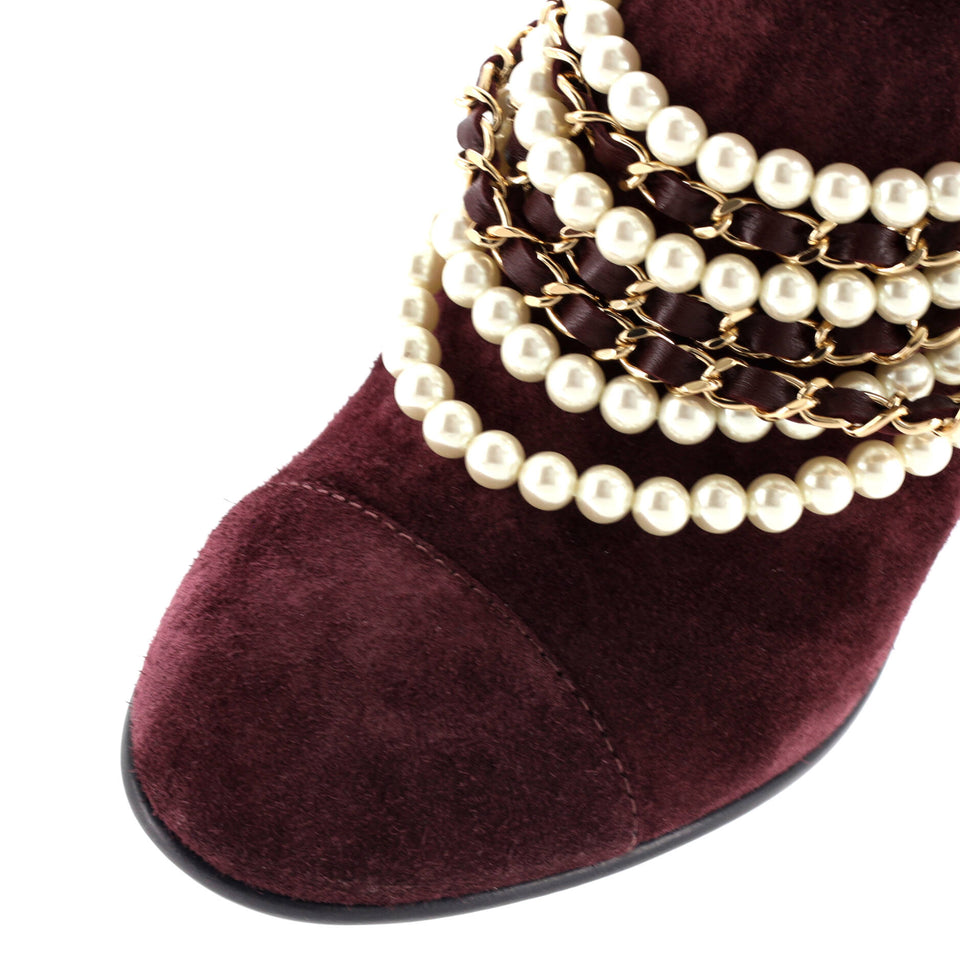 Women's Pearl Chain Strap Ankle Boots Suede