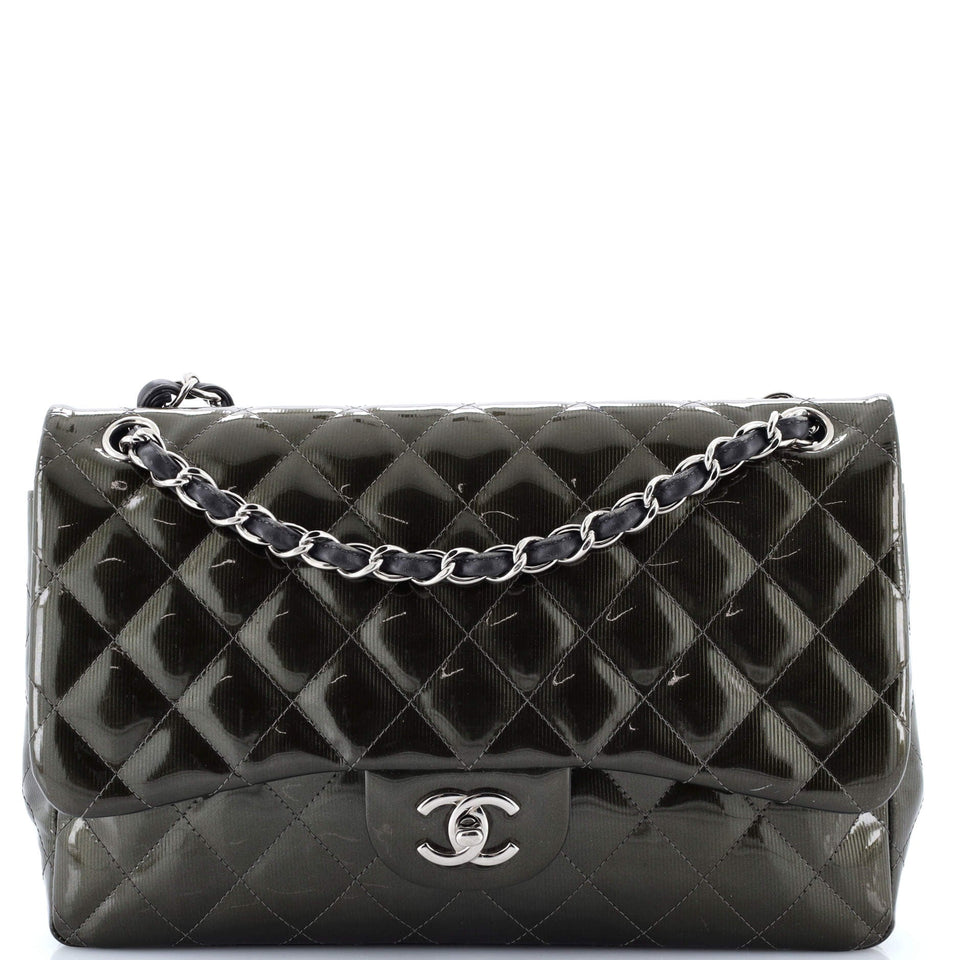 Classic Double Flap Bag Quilted Striated Metallic Patent Jumbo
