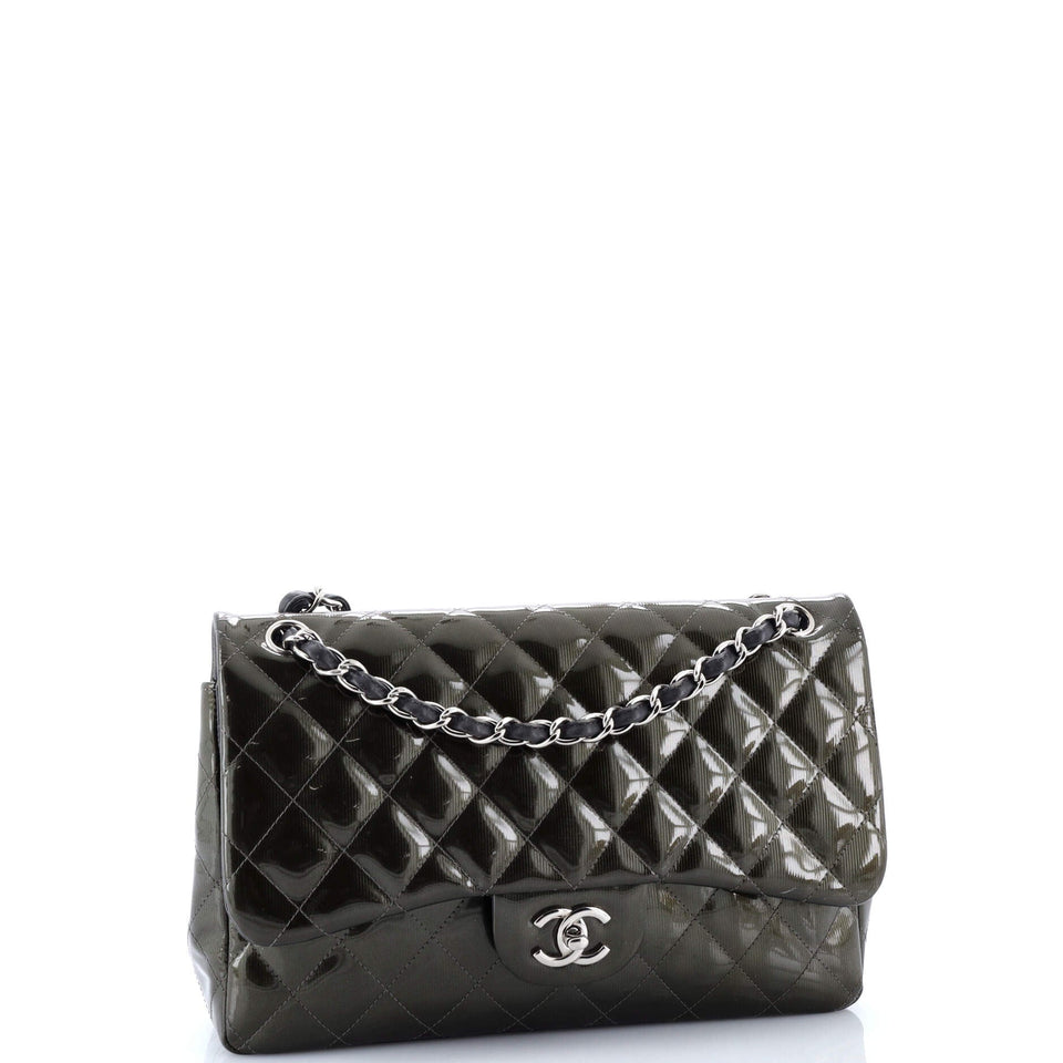 Classic Double Flap Bag Quilted Striated Metallic Patent Jumbo