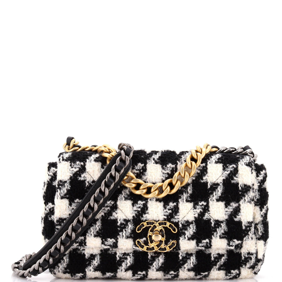 19 Flap Bag Quilted Houndstooth Tweed and Ribbon Medium