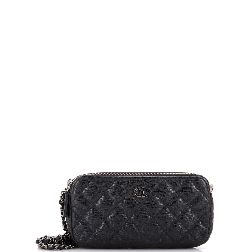 Double Zip Clutch with Chain Quilted Caviar