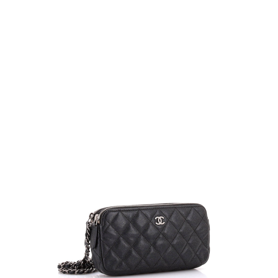 Double Zip Clutch with Chain Quilted Caviar