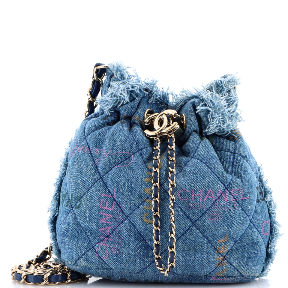 Denim Mood Chain Bucket Bag Logo Printed Quilted Fringe Denim Medium