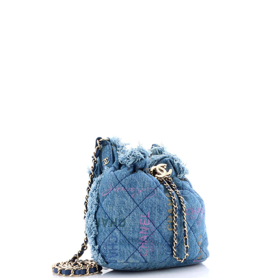 Denim Mood Chain Bucket Bag Logo Printed Quilted Fringe Denim Medium