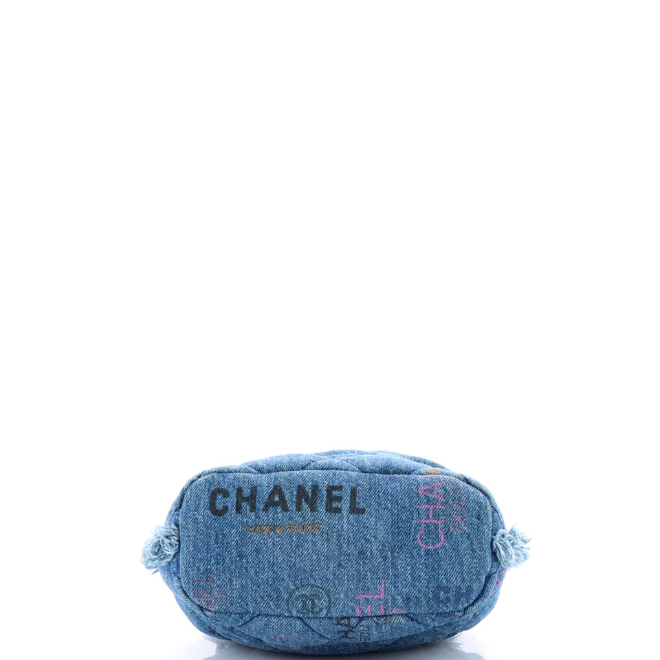 Denim Mood Chain Bucket Bag Logo Printed Quilted Fringe Denim Medium