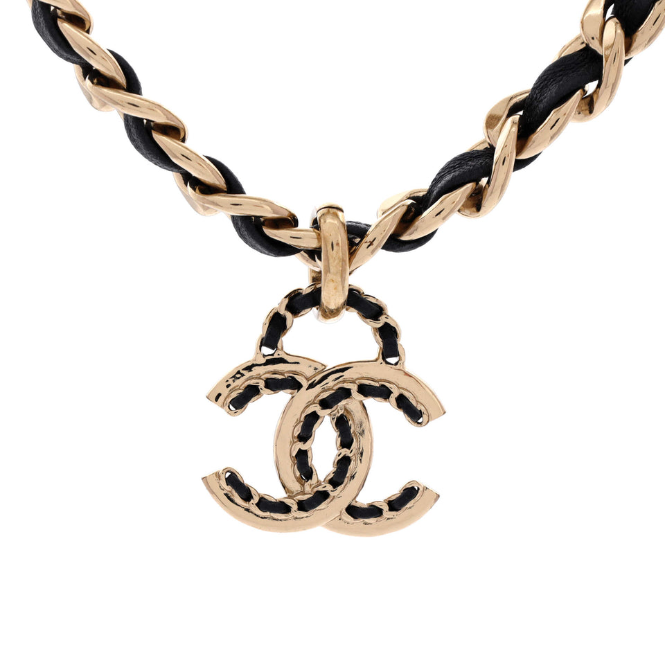 Woven Chain CC Pendant Chunky Choker Necklace Metal and Leather
