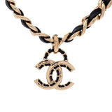 Woven Chain CC Pendant Chunky Choker Necklace Metal and Leather