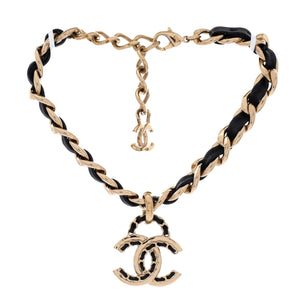 Woven Chain CC Pendant Chunky Choker Necklace Metal and Leather