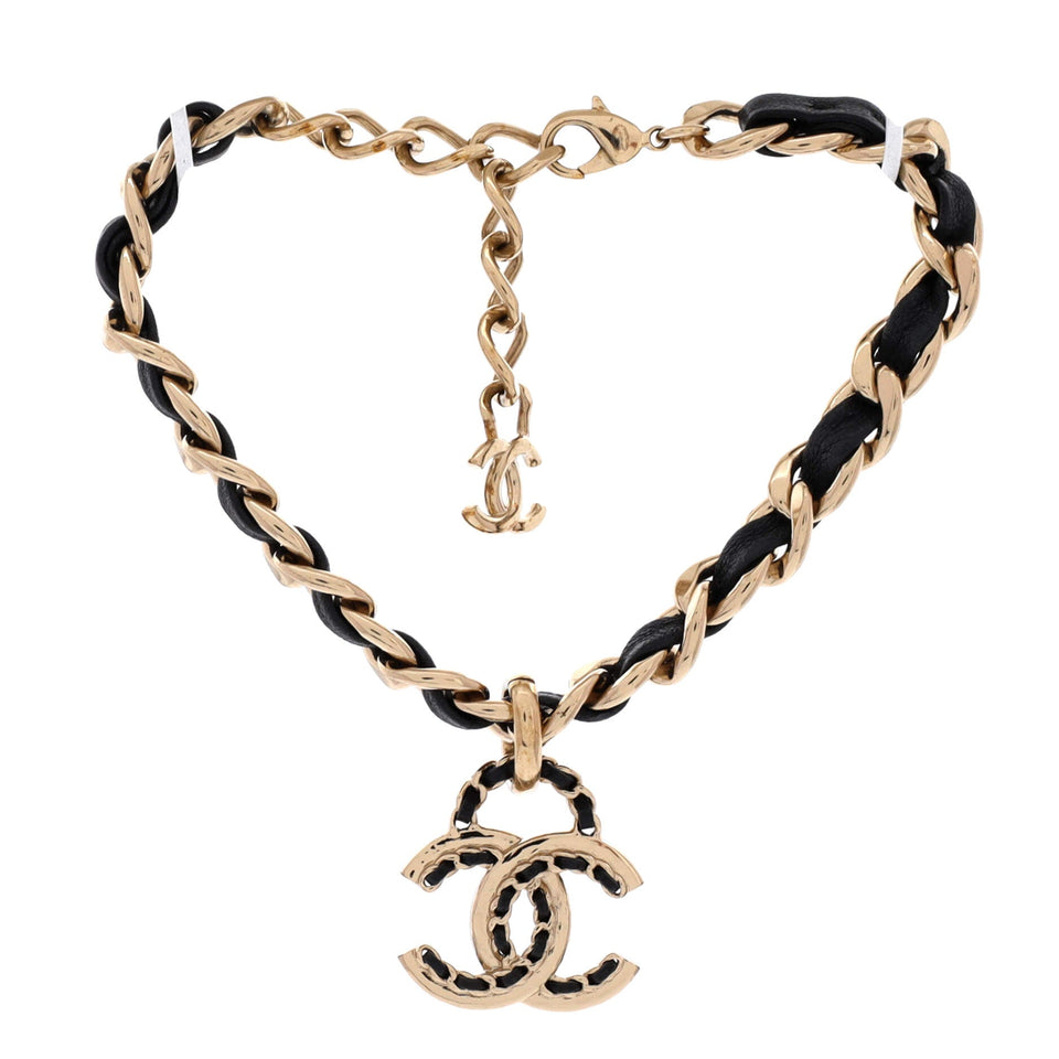 Woven Chain CC Pendant Chunky Choker Necklace Metal and Leather