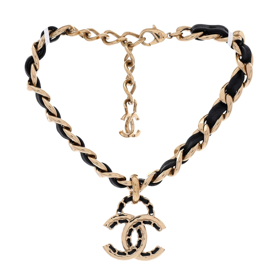 Woven Chain CC Pendant Chunky Choker Necklace Metal and Leather