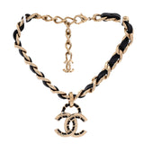 Woven Chain CC Pendant Chunky Choker Necklace Metal and Leather