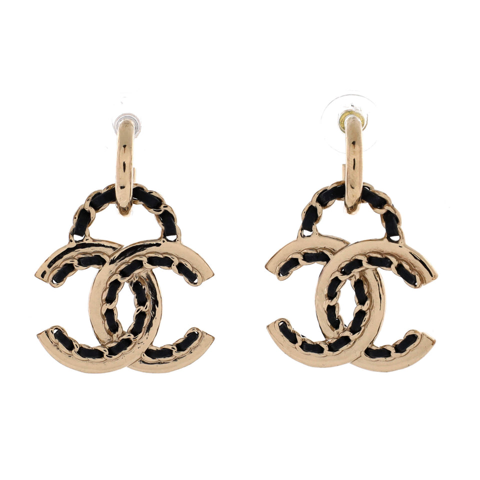 Woven Chain CC Drop Earrings Metal and Leather