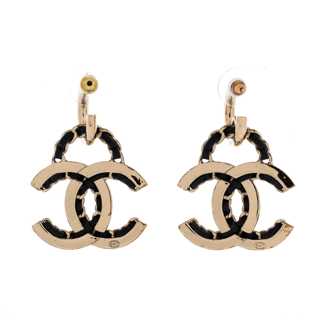 Woven Chain CC Drop Earrings Metal and Leather