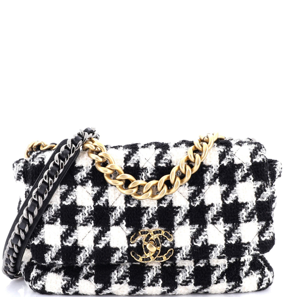 19 Flap Bag Quilted Houndstooth Tweed and Ribbon Medium