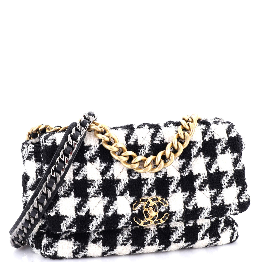 19 Flap Bag Quilted Houndstooth Tweed and Ribbon Medium