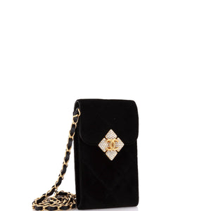 Diamond Lock CC Phone Holder with Chain Quilted Velvet with Crystals