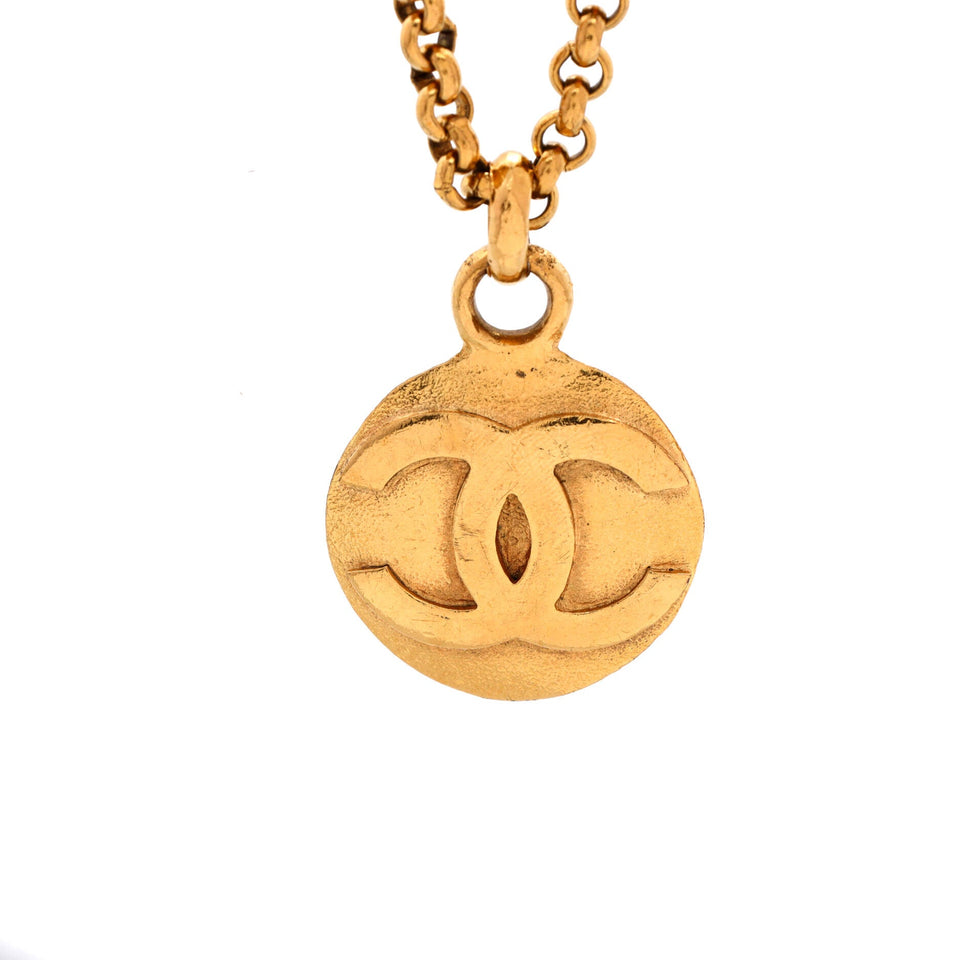 Vintage CC Round Pendant Long Necklace Metal