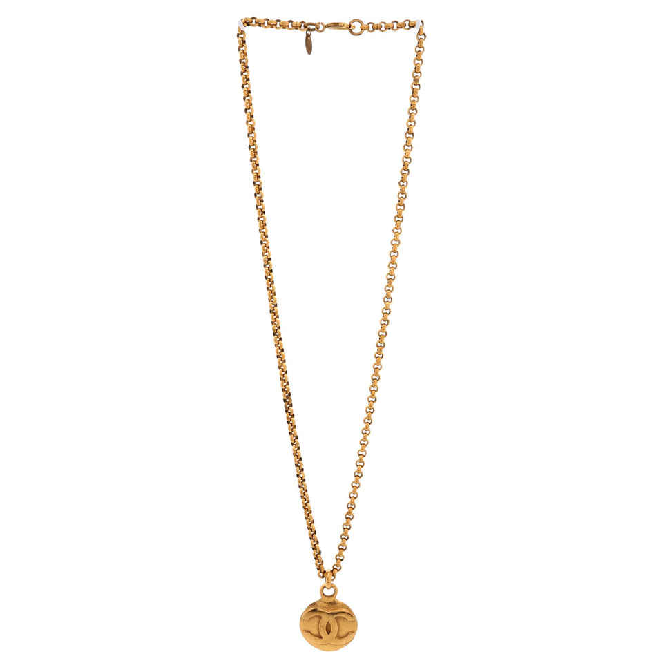 Vintage CC Round Pendant Long Necklace Metal