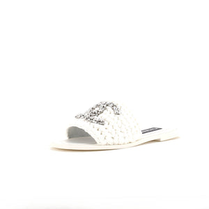 Women's CC Slide Sandals Crystal Embellished Woven Raffia