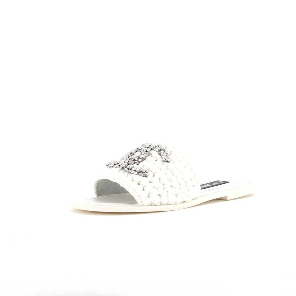 Women's CC Slide Sandals Crystal Embellished Woven Raffia