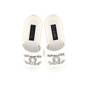 Women's CC Slide Sandals Crystal Embellished Woven Raffia