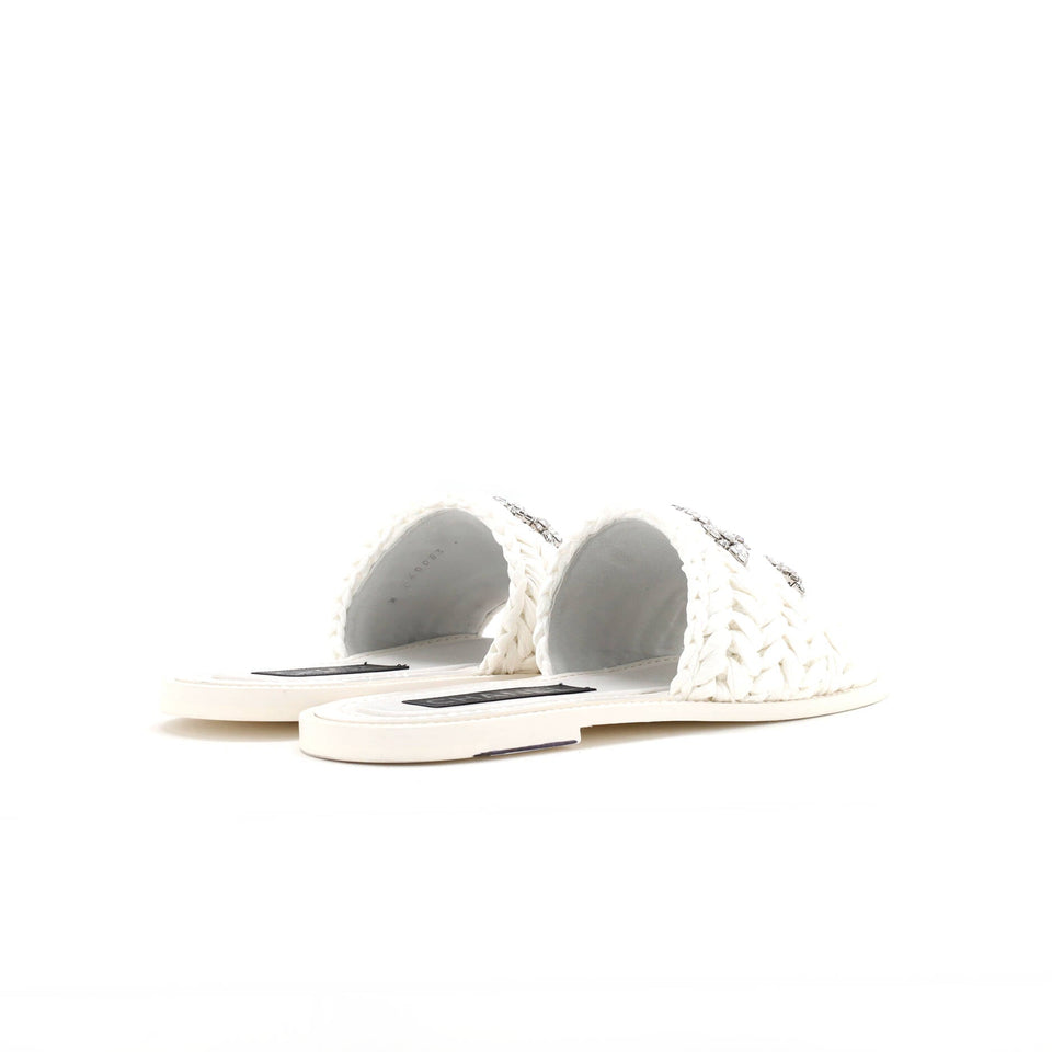Women's CC Slide Sandals Crystal Embellished Woven Raffia