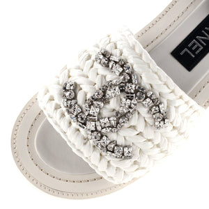 Women's CC Slide Sandals Crystal Embellished Woven Raffia