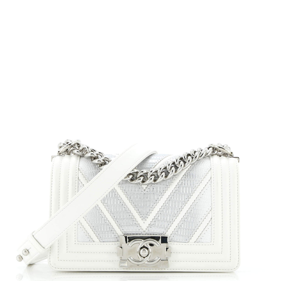 Boy Flap Bag Chevron Lizard with Leather Small