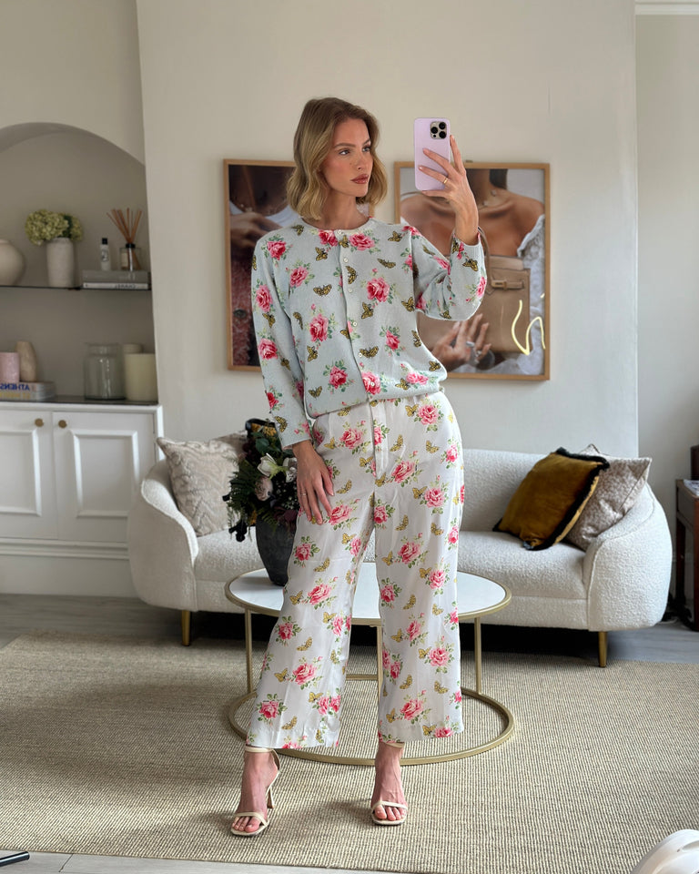 Prada Baby Blue Silk Floral High-Rise Pants Size IT 44 (UK 12)