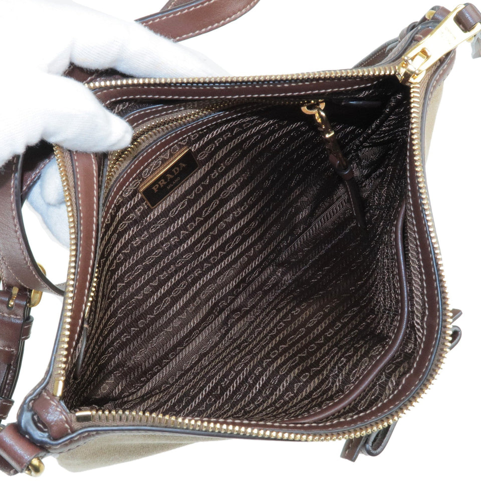 Prada Logo Jacquard Leather Shoulder Bag Beige Brown