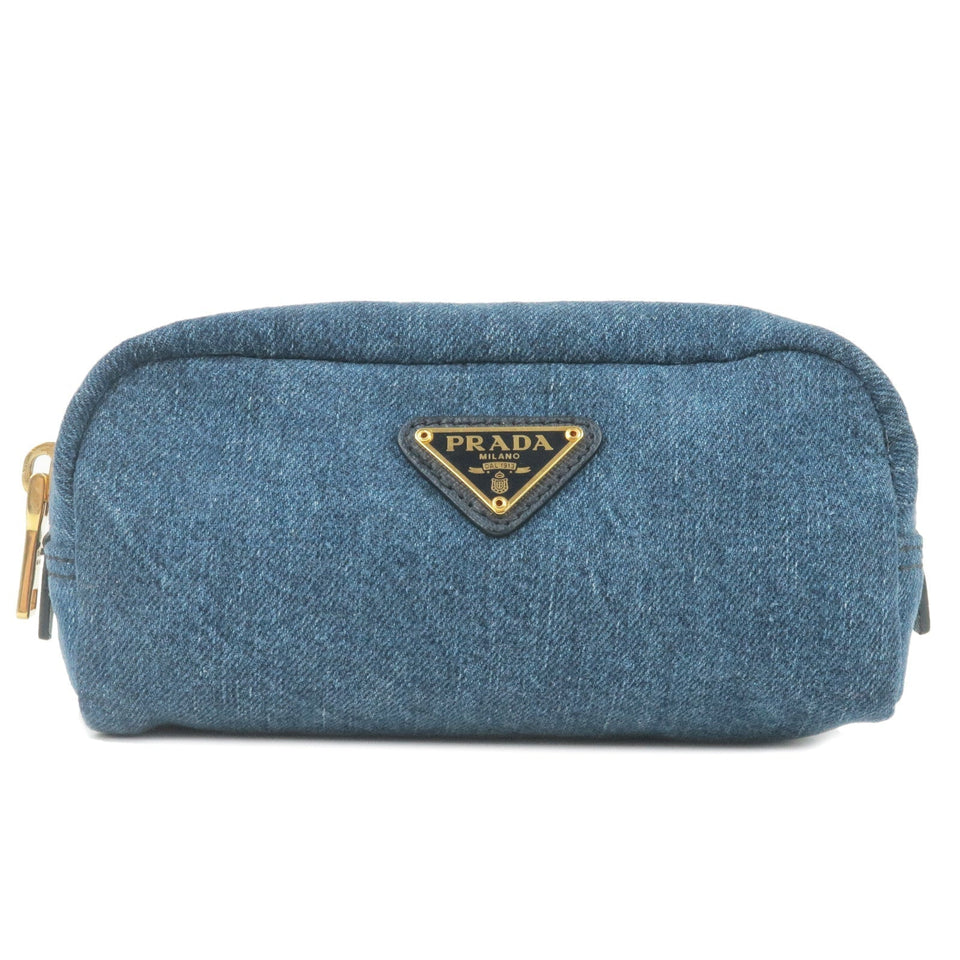 Prada Denim Leather Pouch Clutch Bag Cosmetics Bag Blue