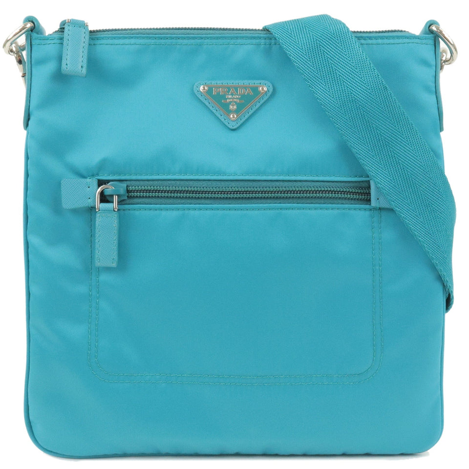 Prada Logo Nylon Leather Shoulder Bag Turquoise Blue BT0716