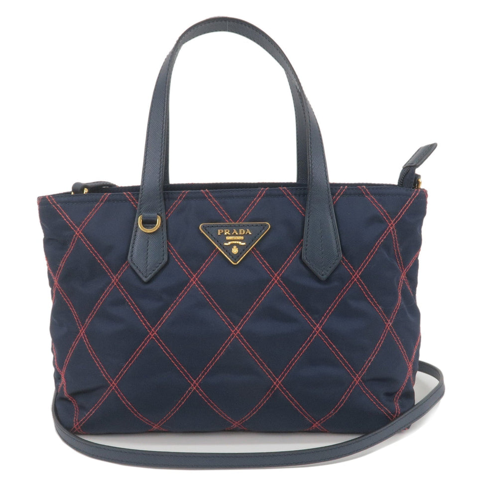 Prada 2Way Nylon Leather Quilting Shoulder Bag Navy 1BA090
