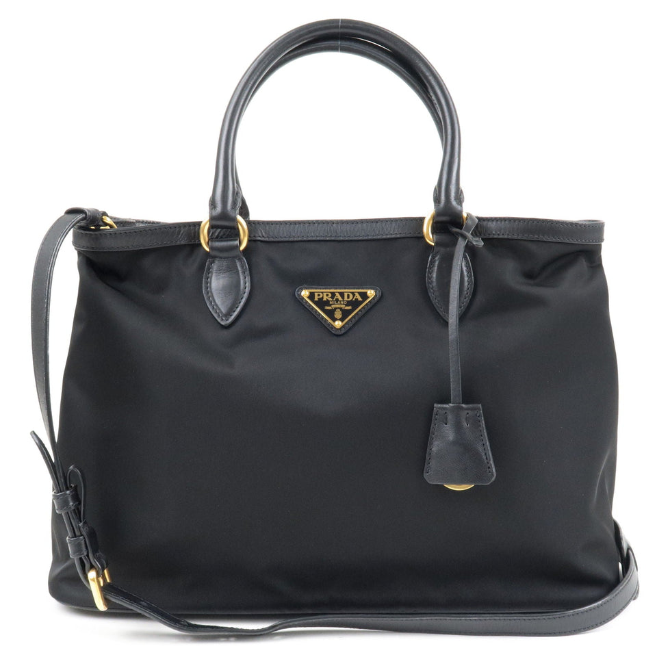 Prada Logo Nylon Leather 2Way Bag Hand Bag NERO Black 1BA579