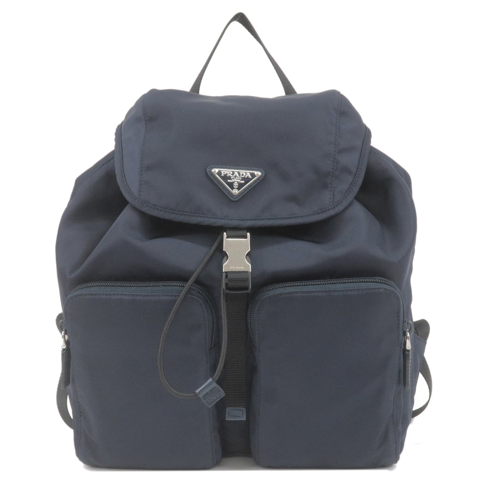 Prada Logo Nylon Leather Ruck Sack Back Pack Bag Navy 1BZ070