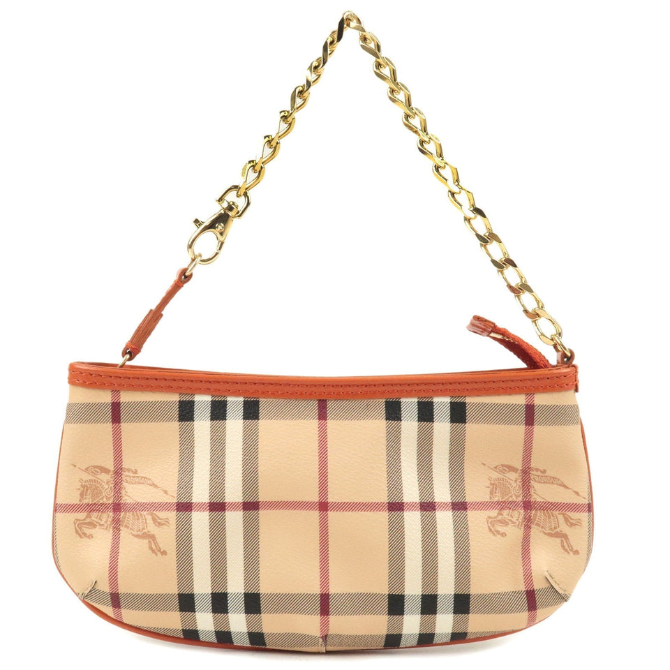 BURBERRY Nova Plaid PVC Leather Pouch Hand Bag Beige Orange